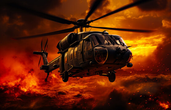 Flying combat helicopter in the dangerous place. Fire and smoke around. War concept. Generative AI.