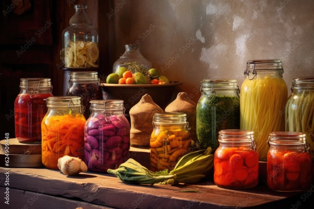 Poster colorful jars of pickled vegetables on rustic table, created with generative ai