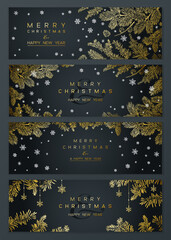 Fototapeta na wymiar Christmas Poster set with pine branches on dark background. Winter horizontal banner design collection.