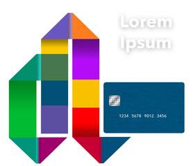 A generic mock credit card is seen with a geometric and multi-colored ribbon isolated on a white background. This 3-d illustration has copy space.