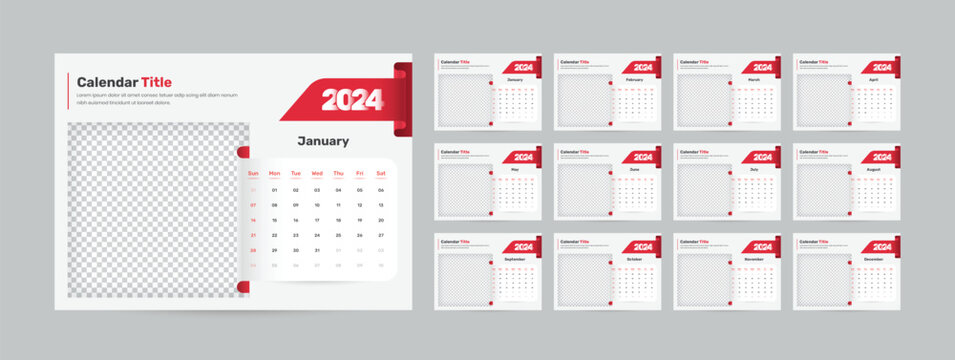 Modern red color desk calendar template of 2024 with accurate date format and image placeholder