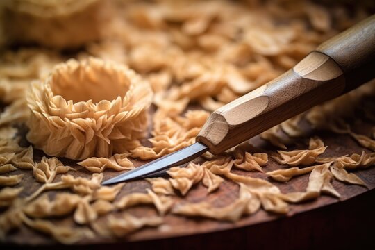 close-up of wood shavings and a carving knife, created with generative ai
