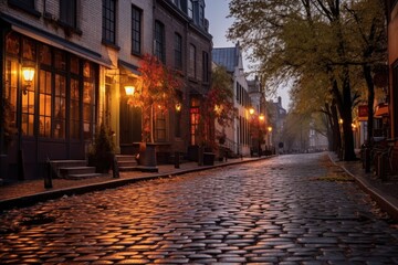 Fototapeta na wymiar cobblestone street with lanterns glowing at twilight, created with generative ai