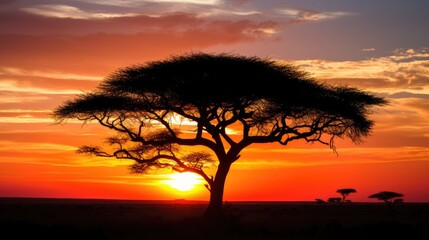Fototapeta na wymiar Sun setting behind acacia tree silhouette