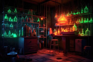 glowing neon chemical elements in a dark laboratory setting, created with generative ai
