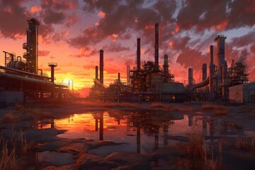 Fototapeta na wymiar industrial chemical plant with smokestacks at sunset, created with generative ai