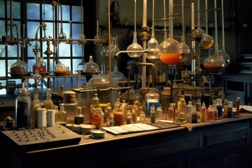 Fototapeta na wymiar chemistry lab equipment, such as bunsen burners and pipettes, created with generative ai