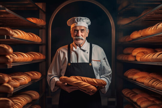 Generative AI illustration of bearded senior male baker in uniform and apron standing at counter in bakery and looking at camera while working