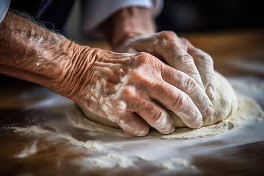 Generative AI illustration of crop senior person kneading dough with flour in kitchen