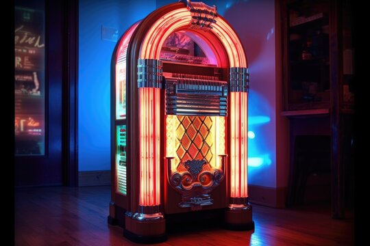 vintage jukebox with glowing neon lights, created with generative ai