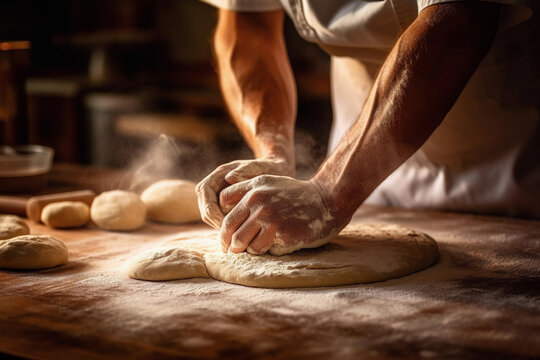 Generative AI illustration of crop anonymous male baker in apron kneading dough on wooden table while working in bakery
