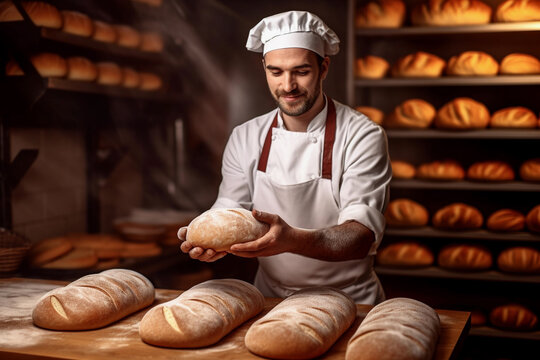 Generative AI illustration of crop male baker in apron and cap standing by bread counter in bakery while working and making bread arranged on table