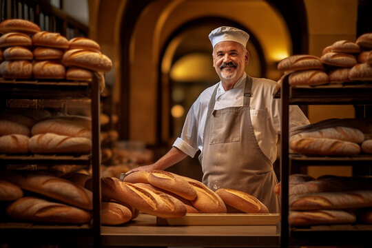 Generative AI illustration of smiling mature male baker in uniform standing near counter among shelves with fresh bread and looking at camera