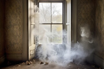 wispy smoke trailing from a cracked open window, created with generative ai