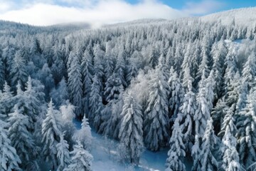 aerial view of snow-covered pine forest, created with generative ai