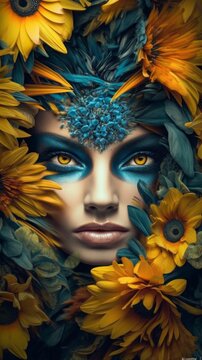 Photo of a woman with vibrant blue and yellow makeup amidst a sea of sunflowers .generative ai