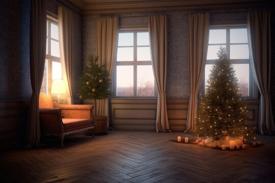 lighted christmas tree in a cozy, empty living room, created with generative ai