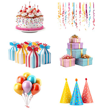 birthday party celebration collection including birthday cake, streamers, party favors, birthday gifts, balloons, and party hats, isolated on a transparent background for design layouts