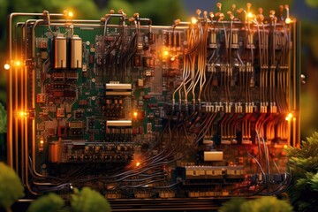 circuit board with wires and connectors in a creative layout, created with generative ai