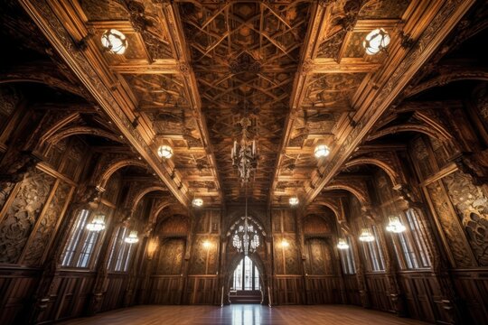 wide-angle shot of ornate wooden ceiling, created with generative ai