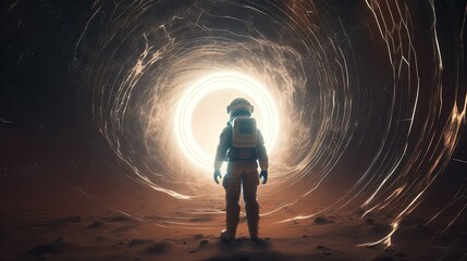 Astronaut on foreign planet in front of bright portal created with Generative AI technology.
