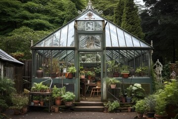 glass panels and metal framework of a victorian greenhouse, created with generative ai