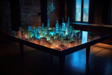 futuristic holographic cityscape projection on table, created with generative ai