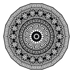 Mandala. Black and white celtic greek traditional style round mandala pattern. Ornamental vector background. Circle mandala ornament. Greek key, meanders, arabesque elements, frames, borders, zigzag