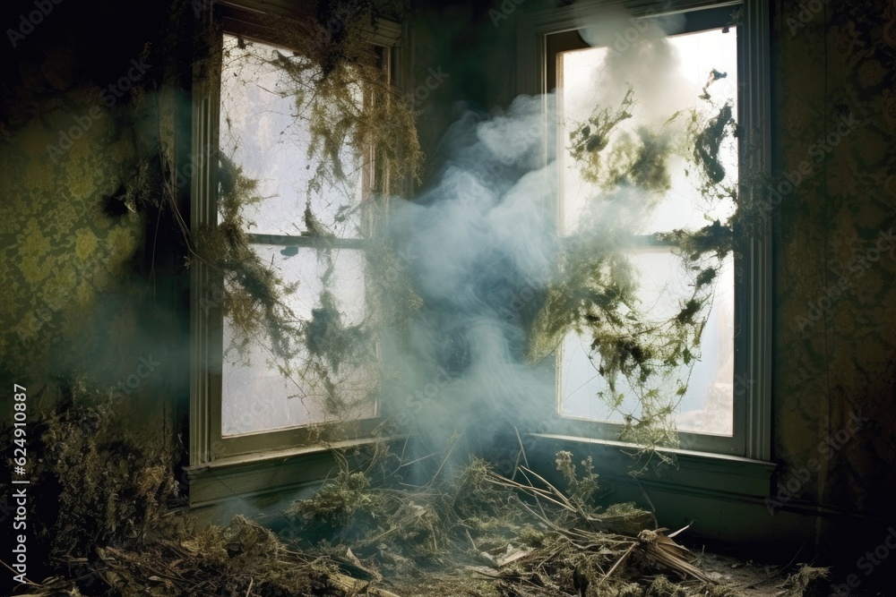 Canvas Prints smoke-filled room viewed through a cracked window, created with generative ai