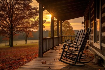 log cabin porch with rocking chairs at sunrise, created with generative ai - obrazy, fototapety, plakaty