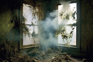 smoke-filled room viewed through a cracked window, created with generative ai