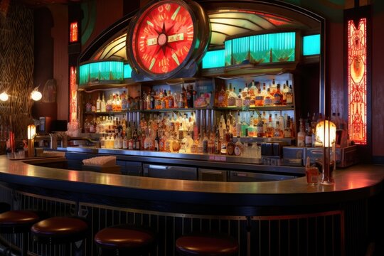 art deco neon sign above soda fountain counter, created with generative ai