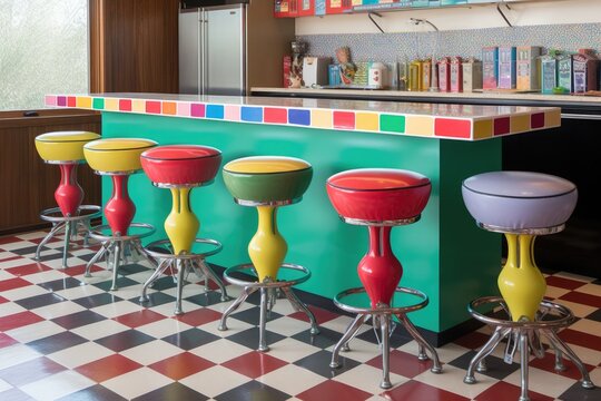 retro soda fountain counter with colorful stools, created with generative ai