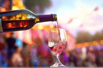 wine bottle pouring into a glass, blurred festival background, created with generative ai