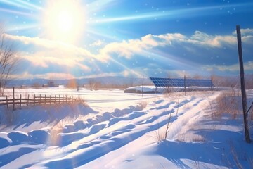 snowy solar farm landscape with bright sun rays, created with generative ai