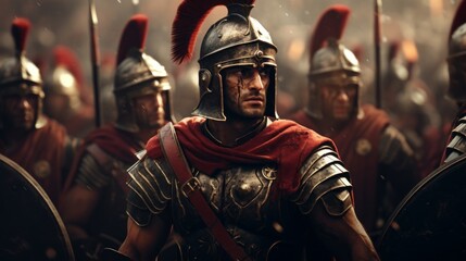 Photo of roman legionnaires in armor standing together .generative ai - obrazy, fototapety, plakaty