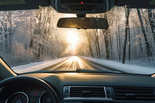 snowy car windshield with sun glare reflection, created with generative ai
