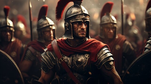 Photo of roman legionnaires in armor standing together .generative ai