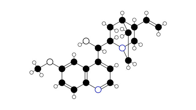 quinine molecule, structural chemical formula, ball-and-stick model, isolated image antimalarials