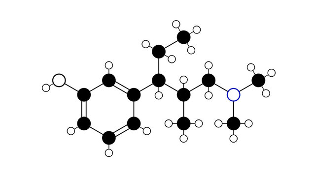 tapentadol molecule, structural chemical formula, ball-and-stick model, isolated image opiate agonists