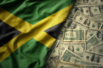 colorful waving national flag of jamaica on a american dollar money background. finance concept