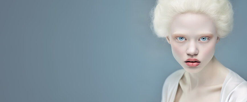 Female albino fashion model. Young woman with light skin and hair posing for studio shot. Wide banner with space for text left side. Generative AI