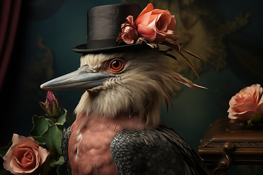 pink bird with a top hat on it, portrait style , neo renaissance, wallpaper background image, painting style