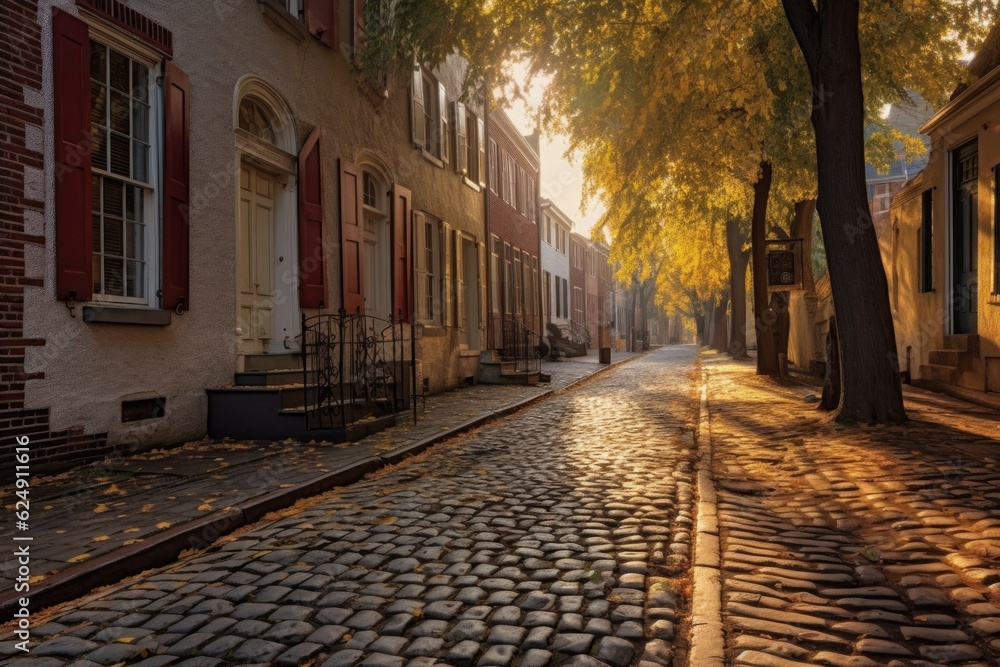 Poster dawn sunlight casting shadows on cobblestone alley, created with generative ai