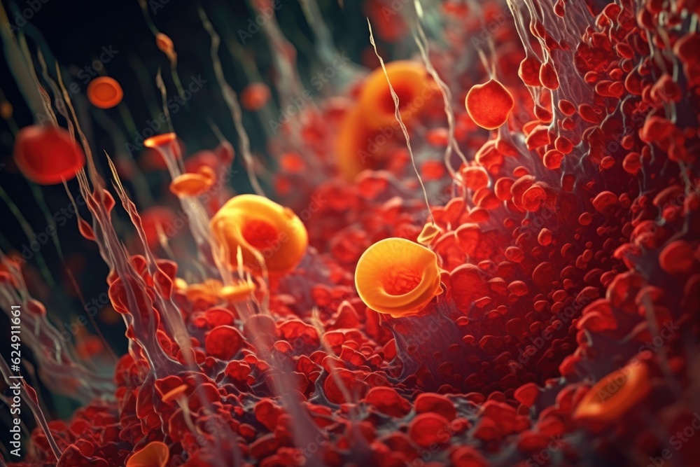 Wall mural microscopic view of blood cells in motion, created with generative ai