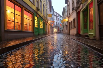 Fototapeta na wymiar dew-covered cobblestones reflecting colorful storefronts, created with generative ai
