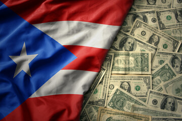 colorful waving national flag of puerto rico on a american dollar money background. finance concept