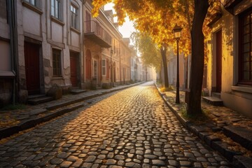 dawn sunlight casting shadows on cobblestone alley, created with generative ai