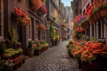 cobblestone alleyway with blooming flowers in window boxes, created with generative ai