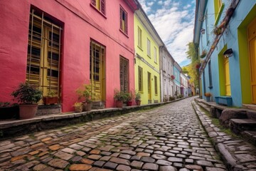 Obraz premium cobblestone street with colorful doors and shutters, created with generative ai